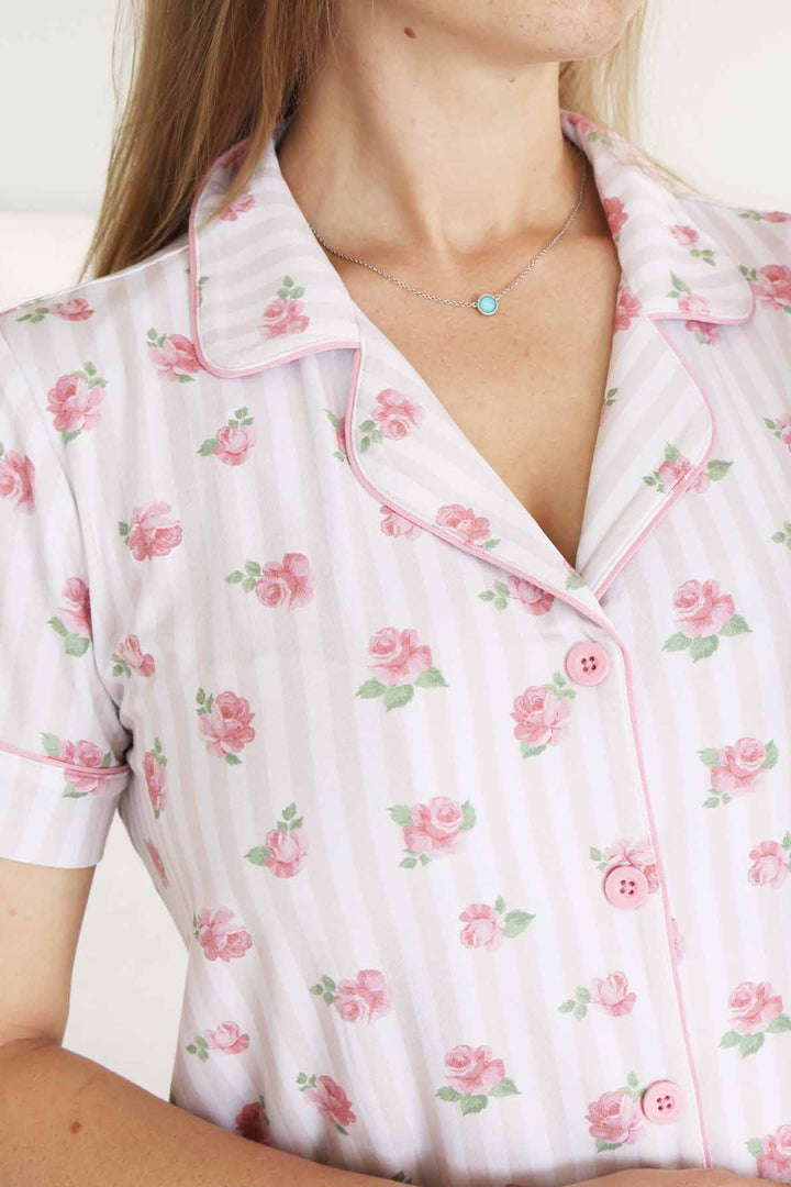 stripe and rose collared button up flare set for women 