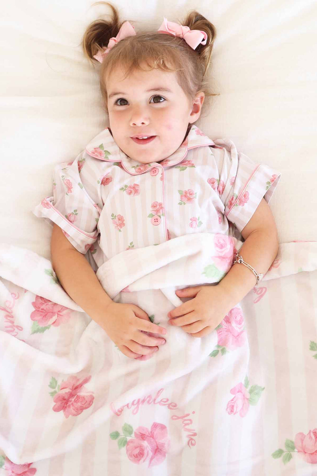 girls personalized blanket with roses and blush pink stripes