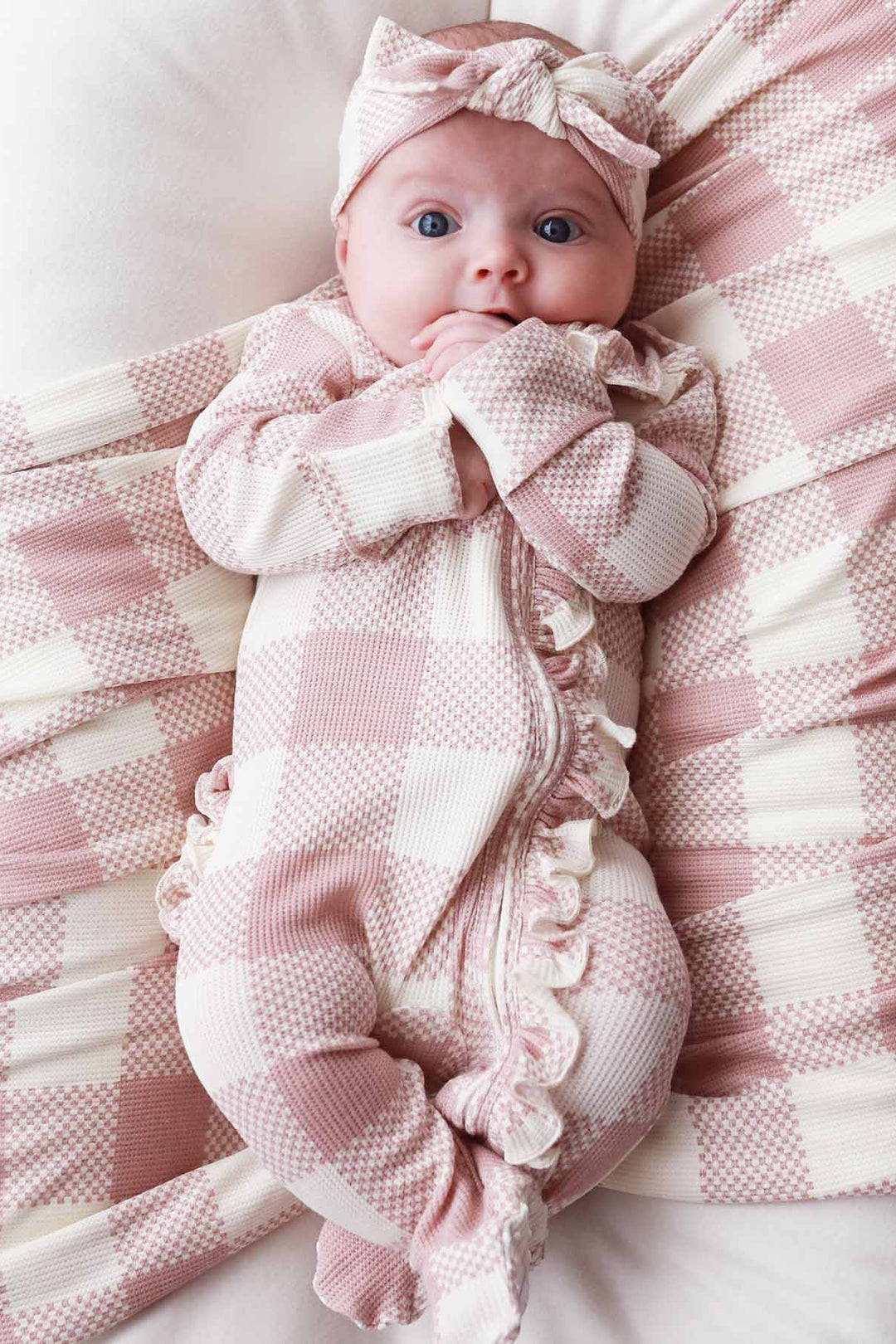 big check waffle bamboo zipper ruffle footie rosy