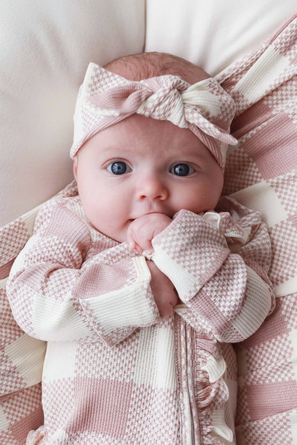 rosy check bamboo waffle ruffle footie and headwrap 