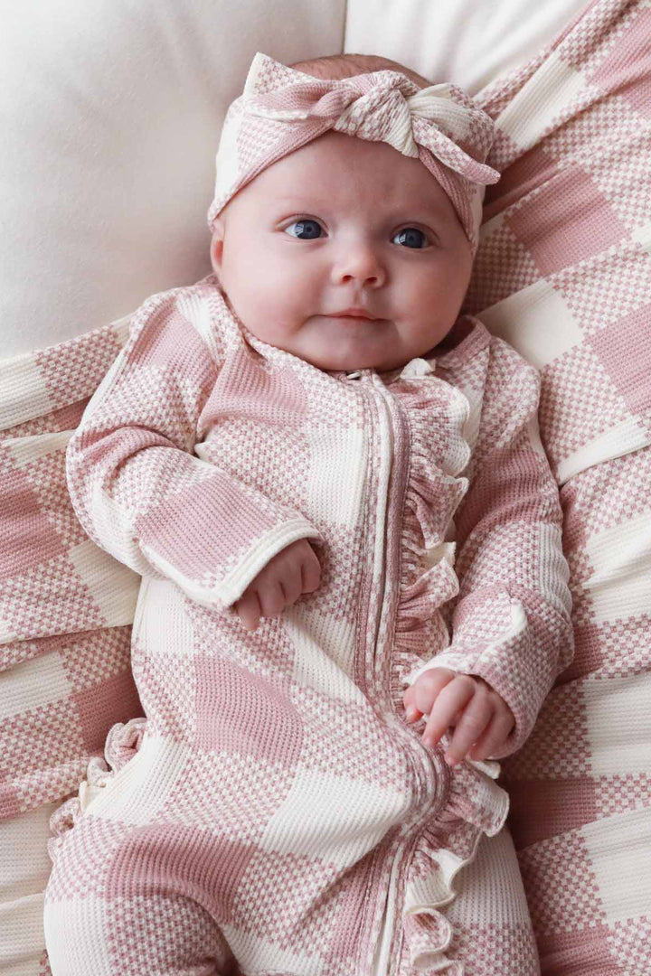 rosy check waffle bamboo zipper ruffle footie 
