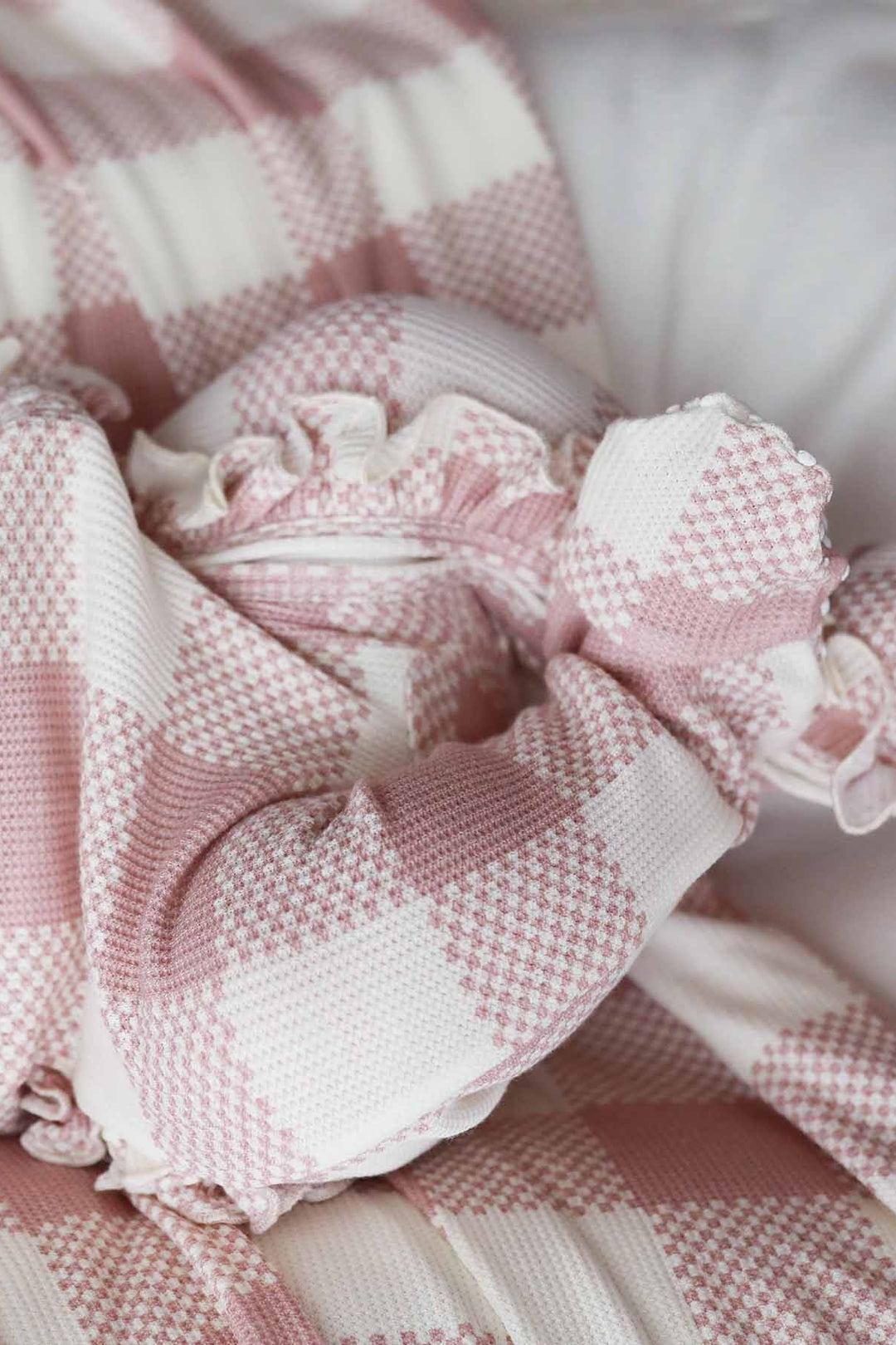 bamboo waffle footie for babies with ruffles big check pink 