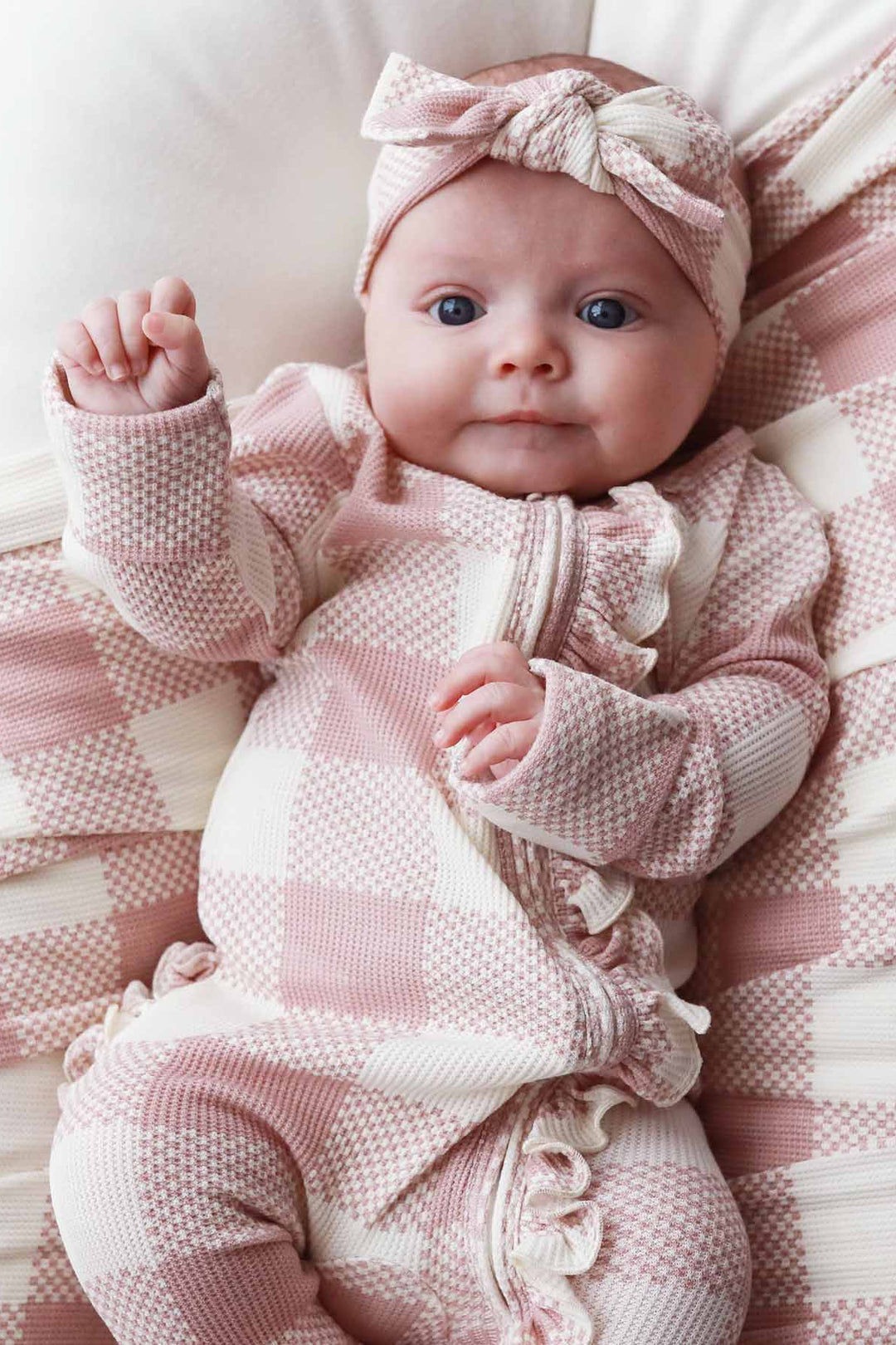 bamboo waffle baby zipper footie big check rosy 
