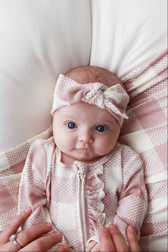 rosy pink bamboo waffle zipper ruffle footie 