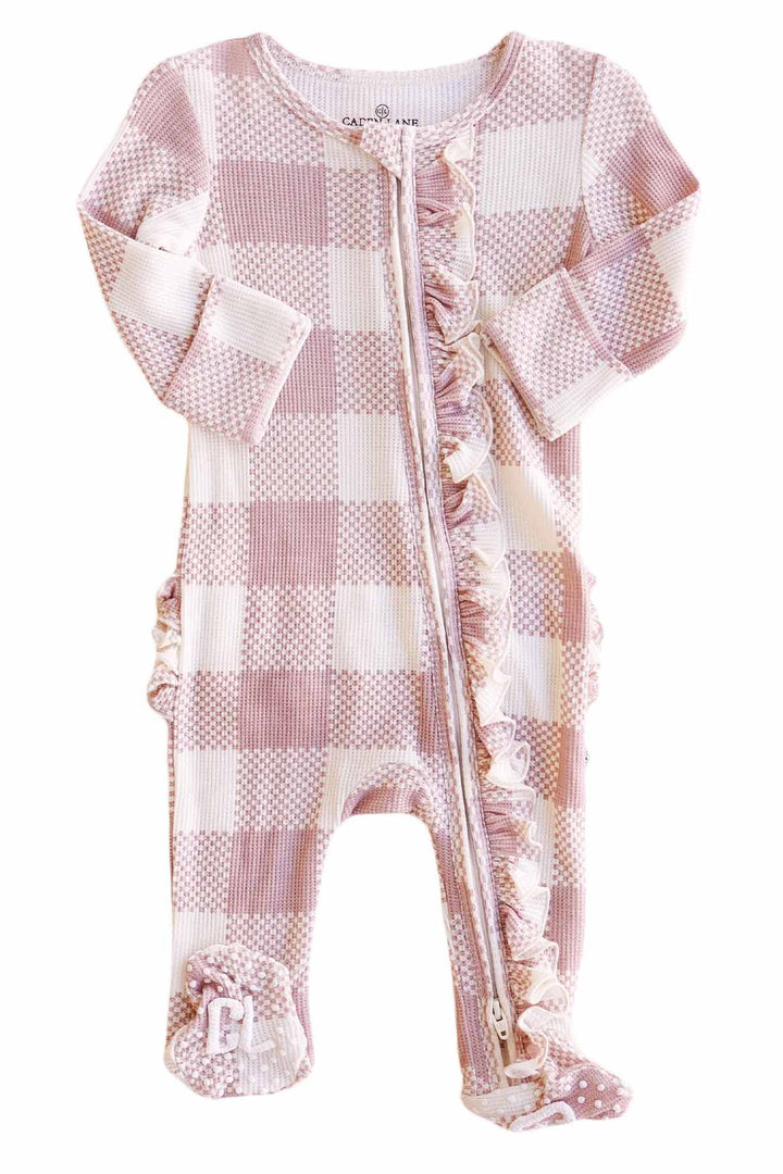 pink checkered print footie for babies bamboo waffle