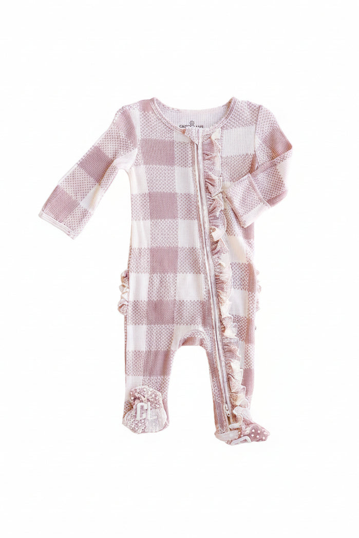 rosy printed checkered footie for babies made of bamboo  