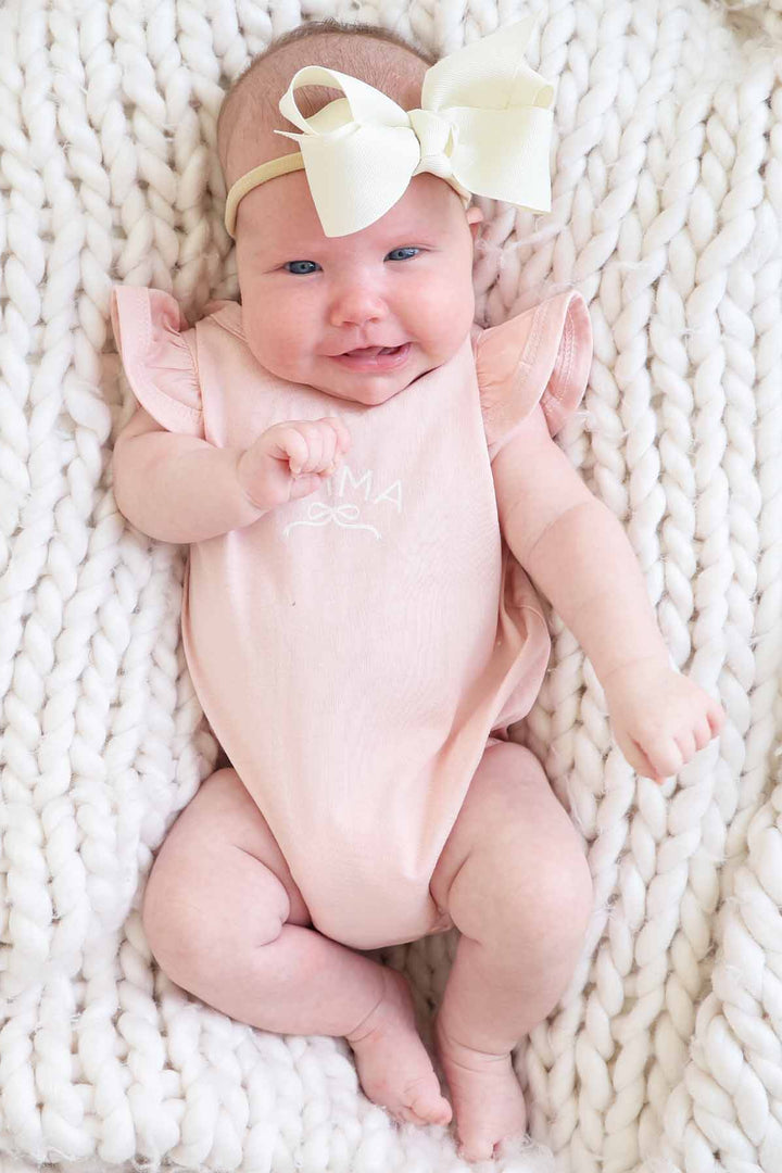 light pink ruffle sleeve romper for babies personalized 