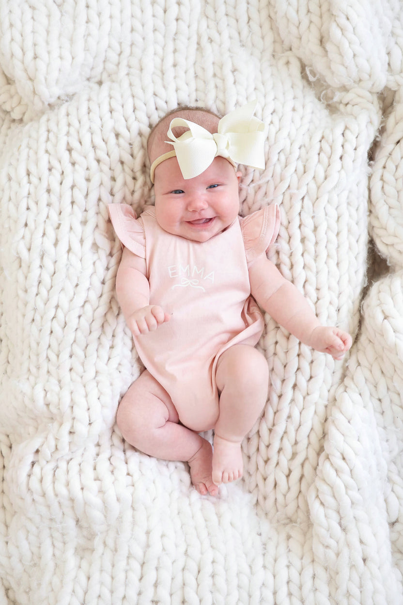 ruffle sleeve personalized bubble romper for babies pink 