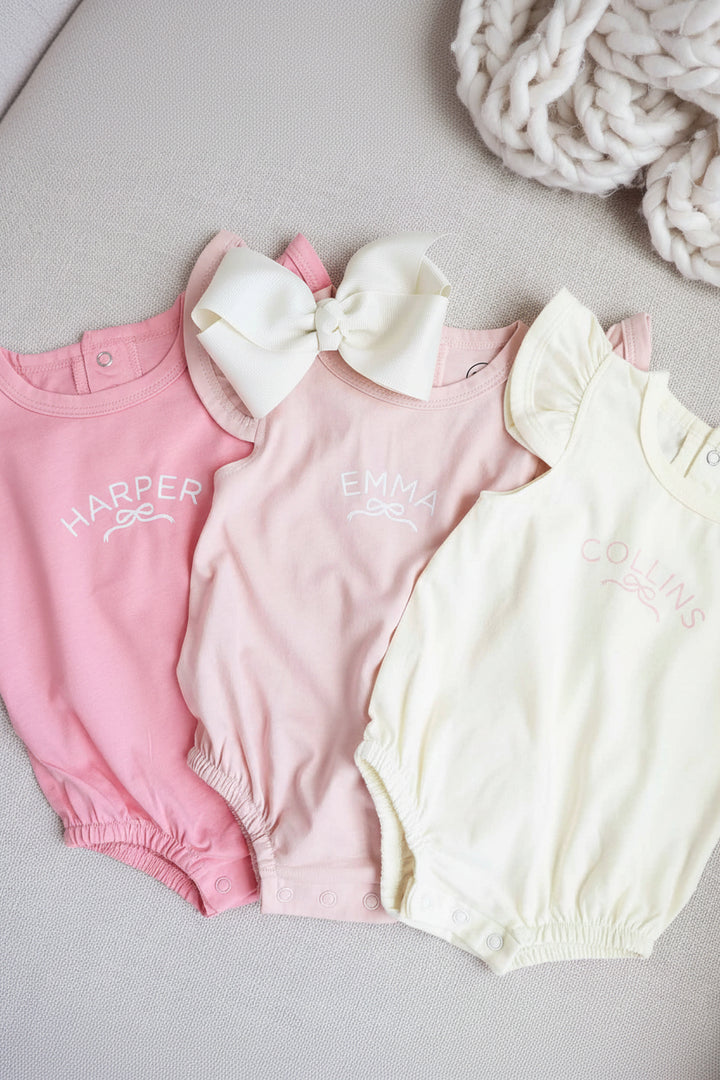 personalized short sleeve bubble romper pretty in pink 