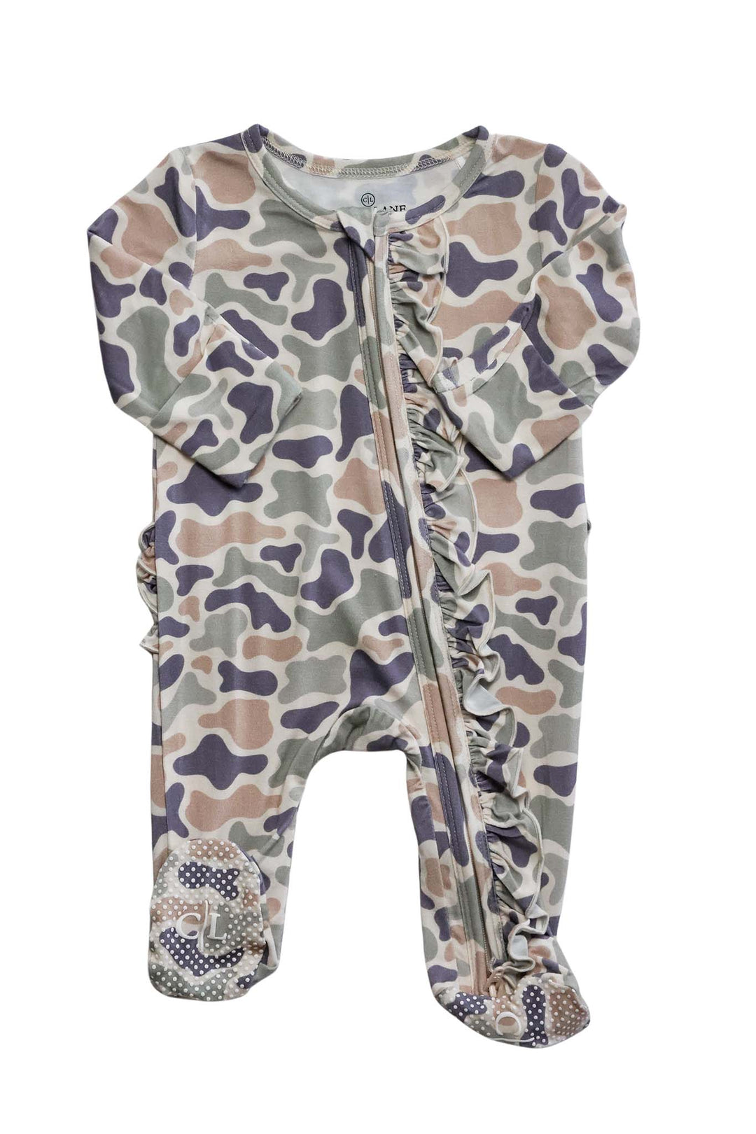 Ruffle Bamboo Zipper Footie | Camo Cutie