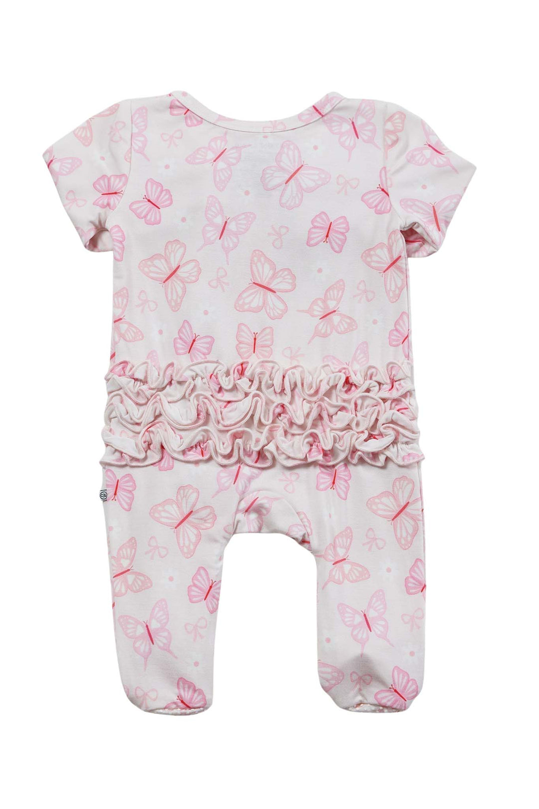 Ruffle Zipper Footie in Blooming Butterflies print - overhead view of newborn on pink satin with stuffed bunny, showing the full footie with bow headband and footed bottom detail