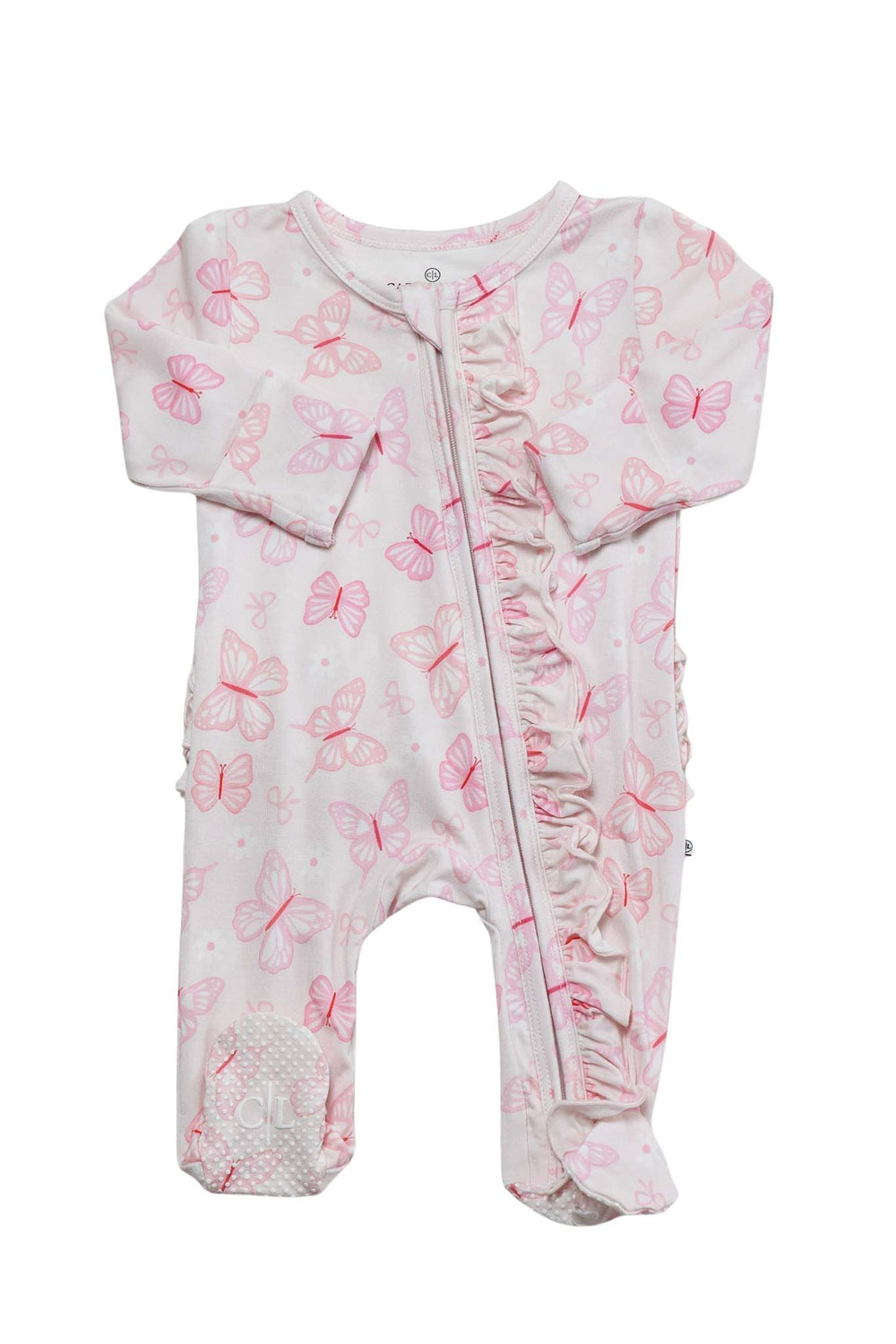 Ruffle Zipper Footie in Blooming Butterflies print - isolated product shot on white background showing the full footie with ruffled zipper trim, footed bottoms, and pink butterfly print