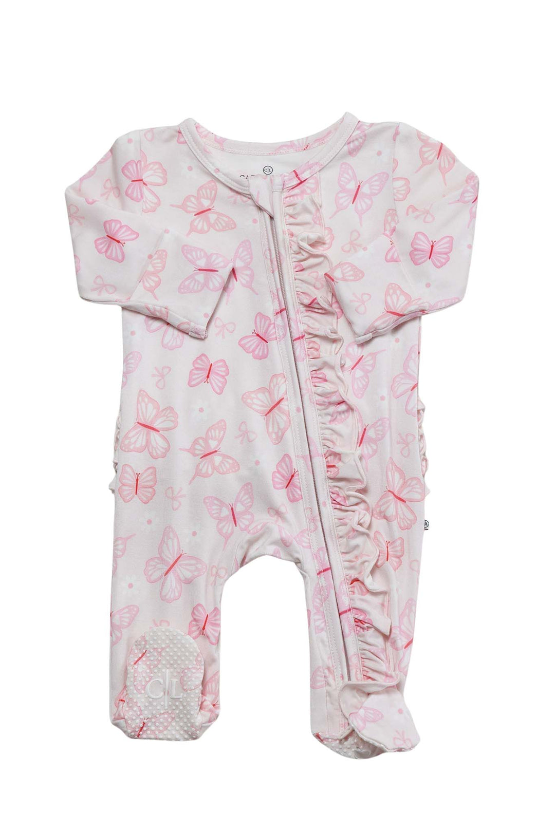 Ruffle Zipper Footie in Blooming Butterflies print - isolated product shot on white background showing the full footie with ruffled zipper trim, footed bottoms, and pink butterfly print