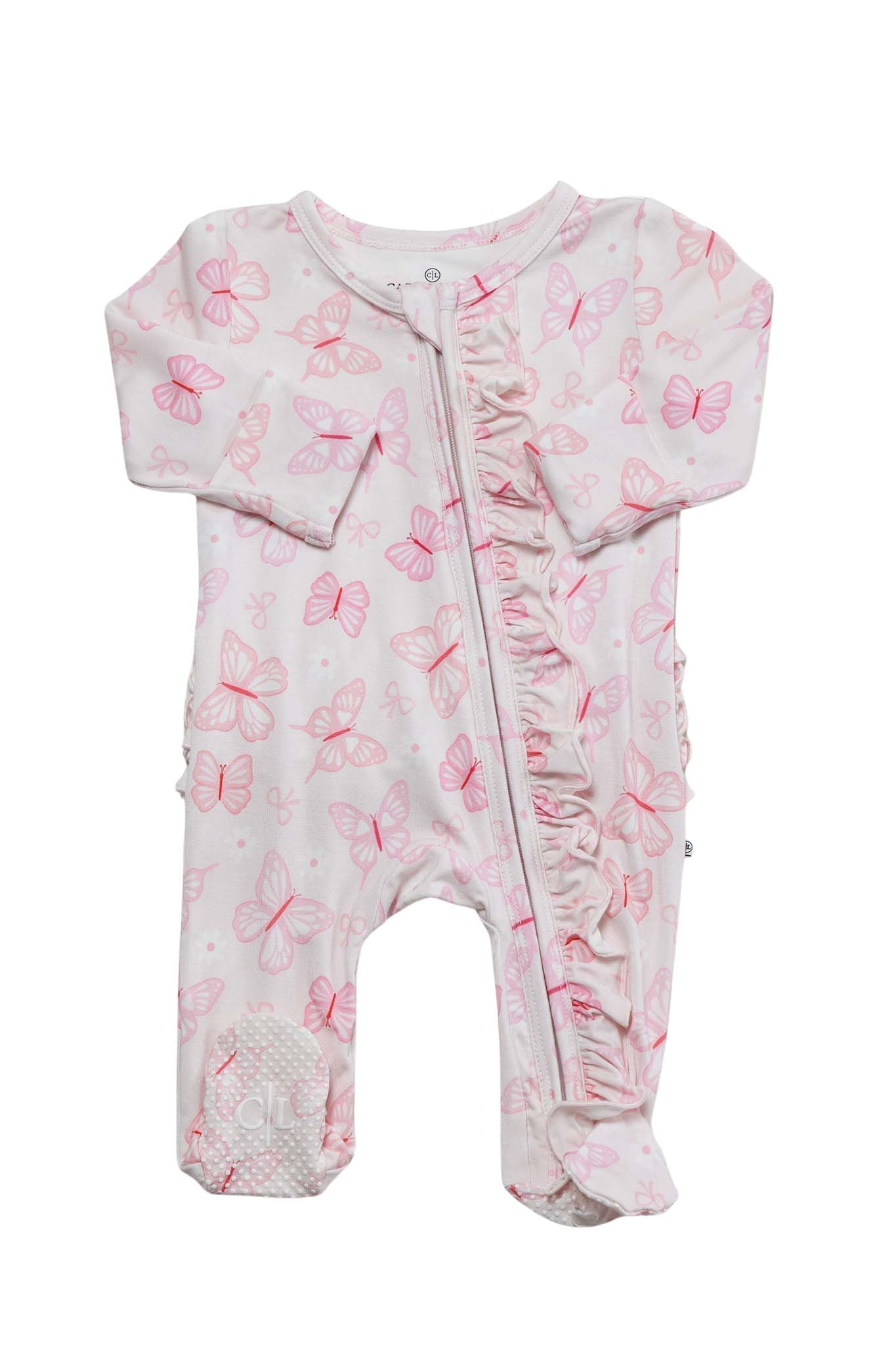 Ruffle Zipper Footie in Blooming Butterflies print - isolated product shot on white background showing the full footie with ruffled zipper trim, footed bottoms, and pink butterfly print
