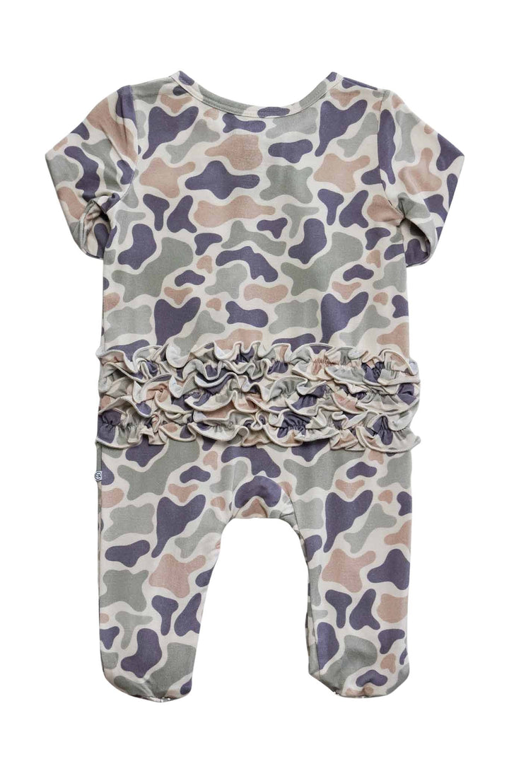 Ruffle Bamboo Zipper Footie | Camo Cutie