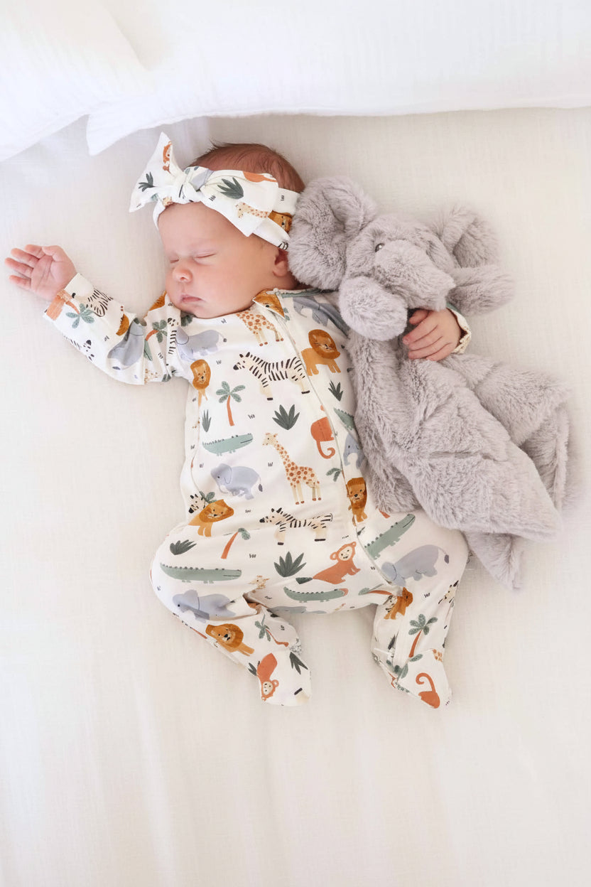 safari snuggles baby zipper footie with matching elephant lovey 