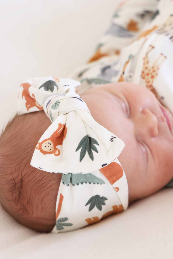 white, green and orange safari animal bamboo bow headwrap for babies 