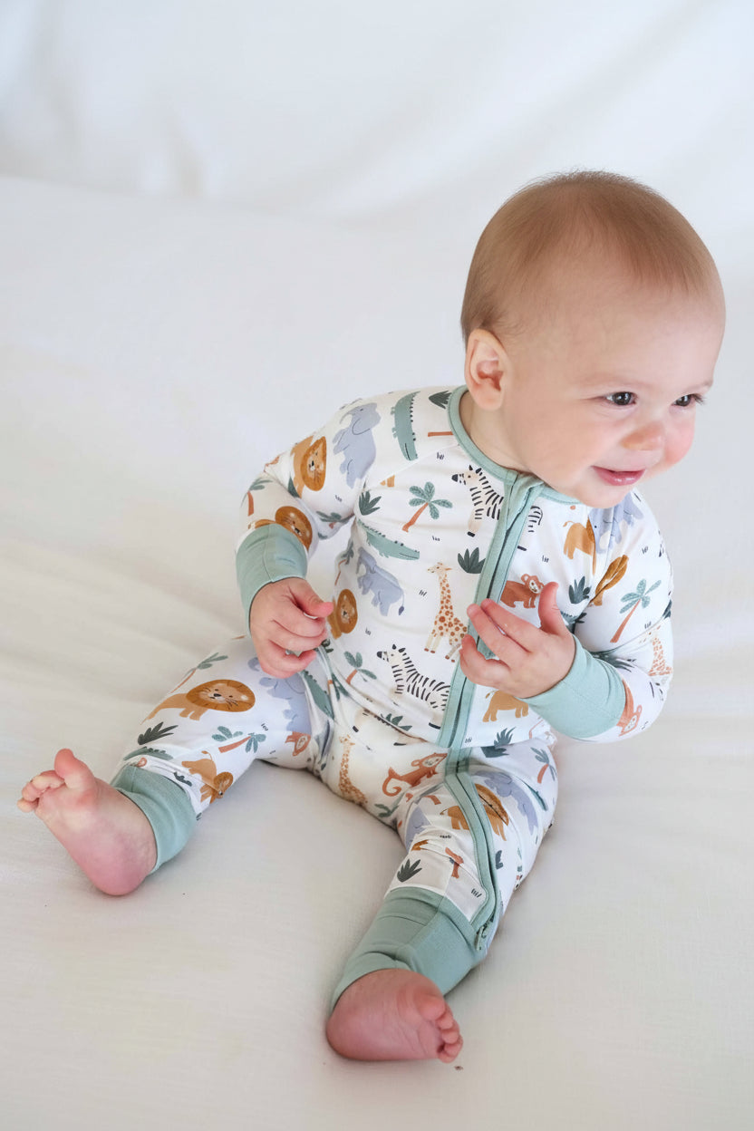 bamboo viscose safari animal zip romper pajama 