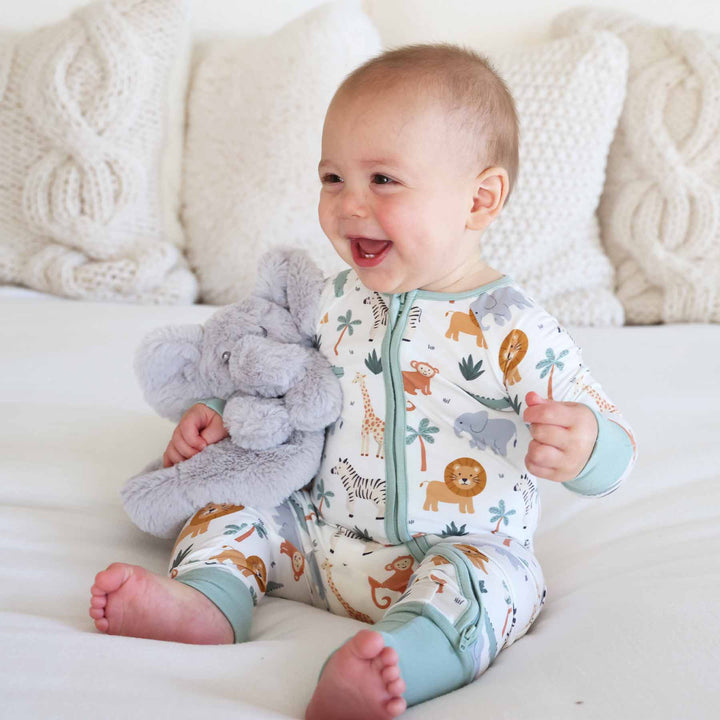 safari snuggles convertible zip romper with matching elephant lovey 