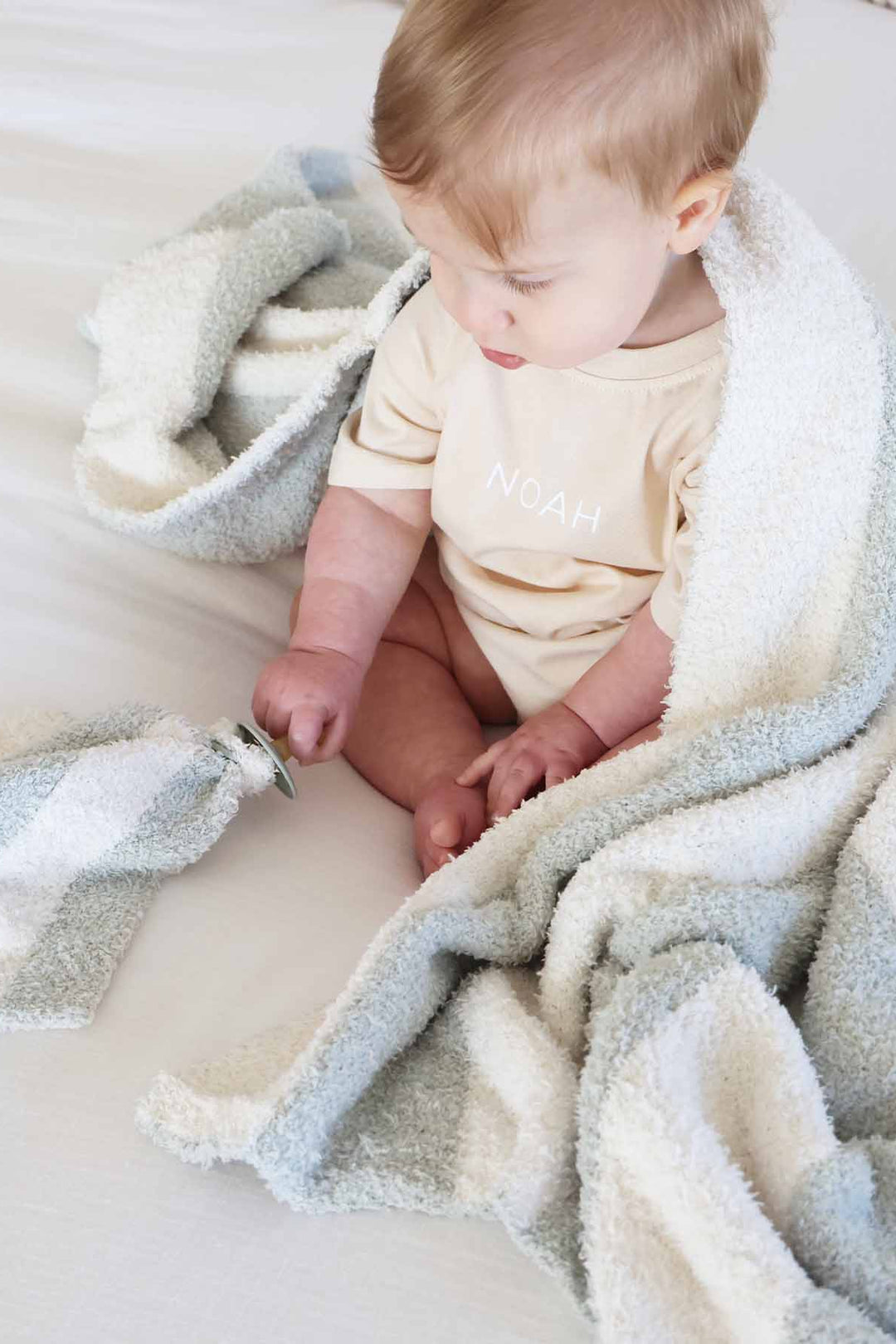sage and white stripe cuddlelane luxe plush blanket for babies, toddlers and kids 