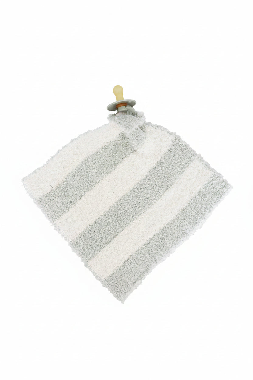 sage and white stripe plush lovey for babies attached to a green pacifier 