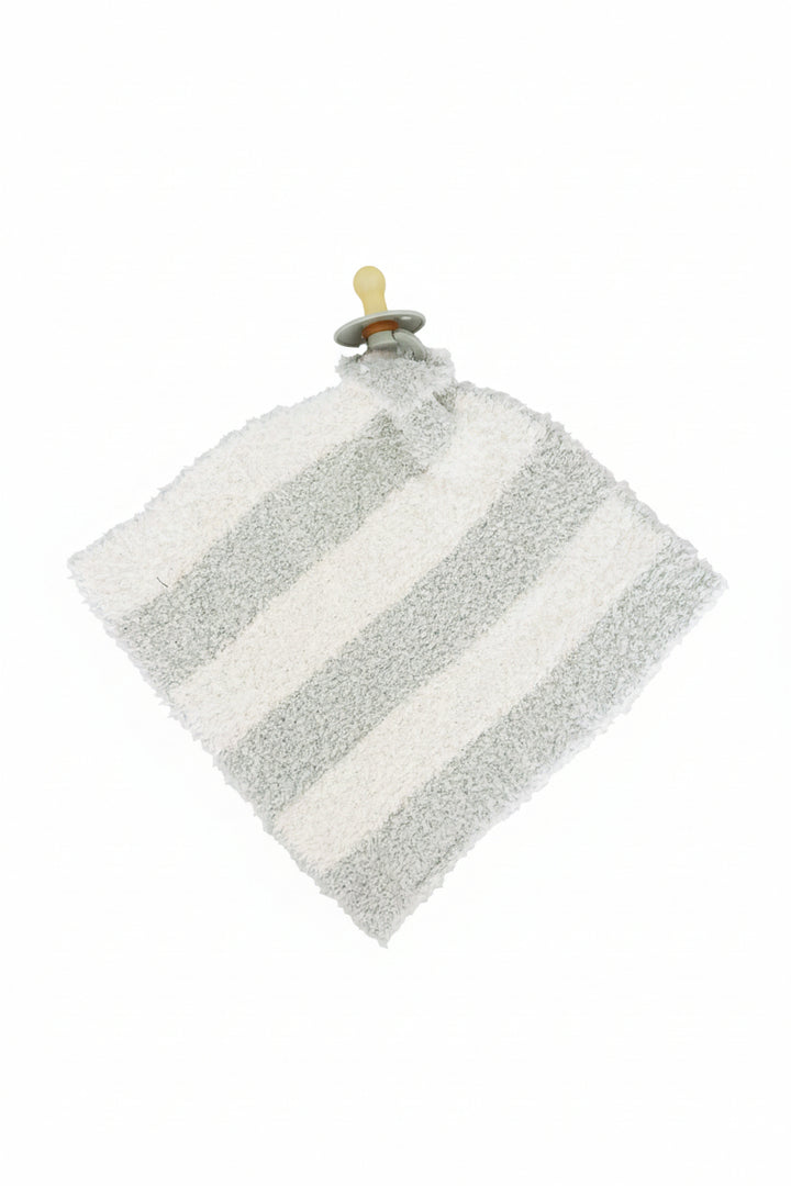 sage and white stripe plush lovey for babies attached to a green pacifier 