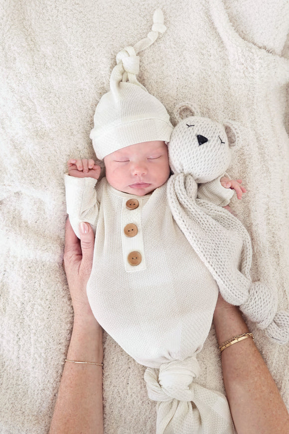 neutral check waffle newborn knot gown 