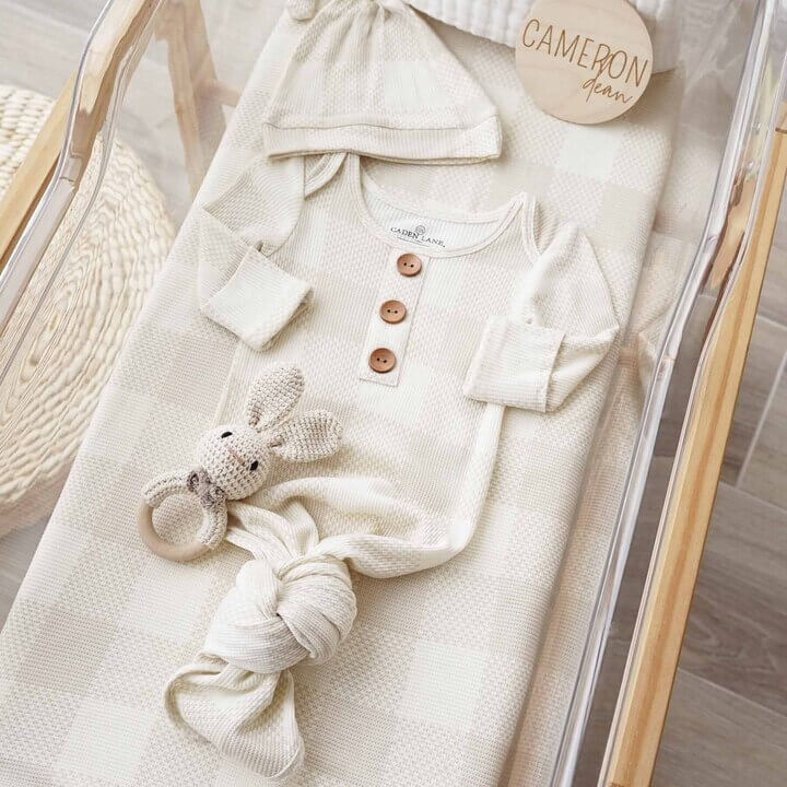 big check tan knot gown for babies 