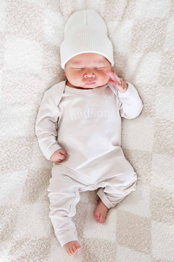 long sleeve full length snap romper personalized newborn outfit neutral