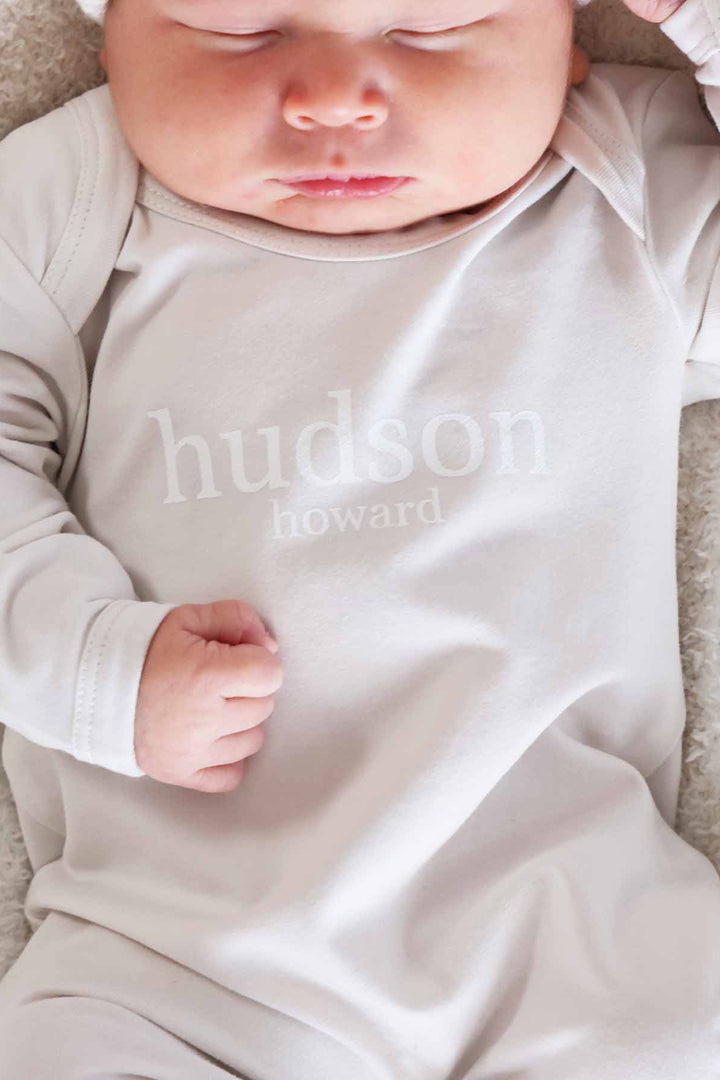 neutral personalized full length romper for babies with long sleeves