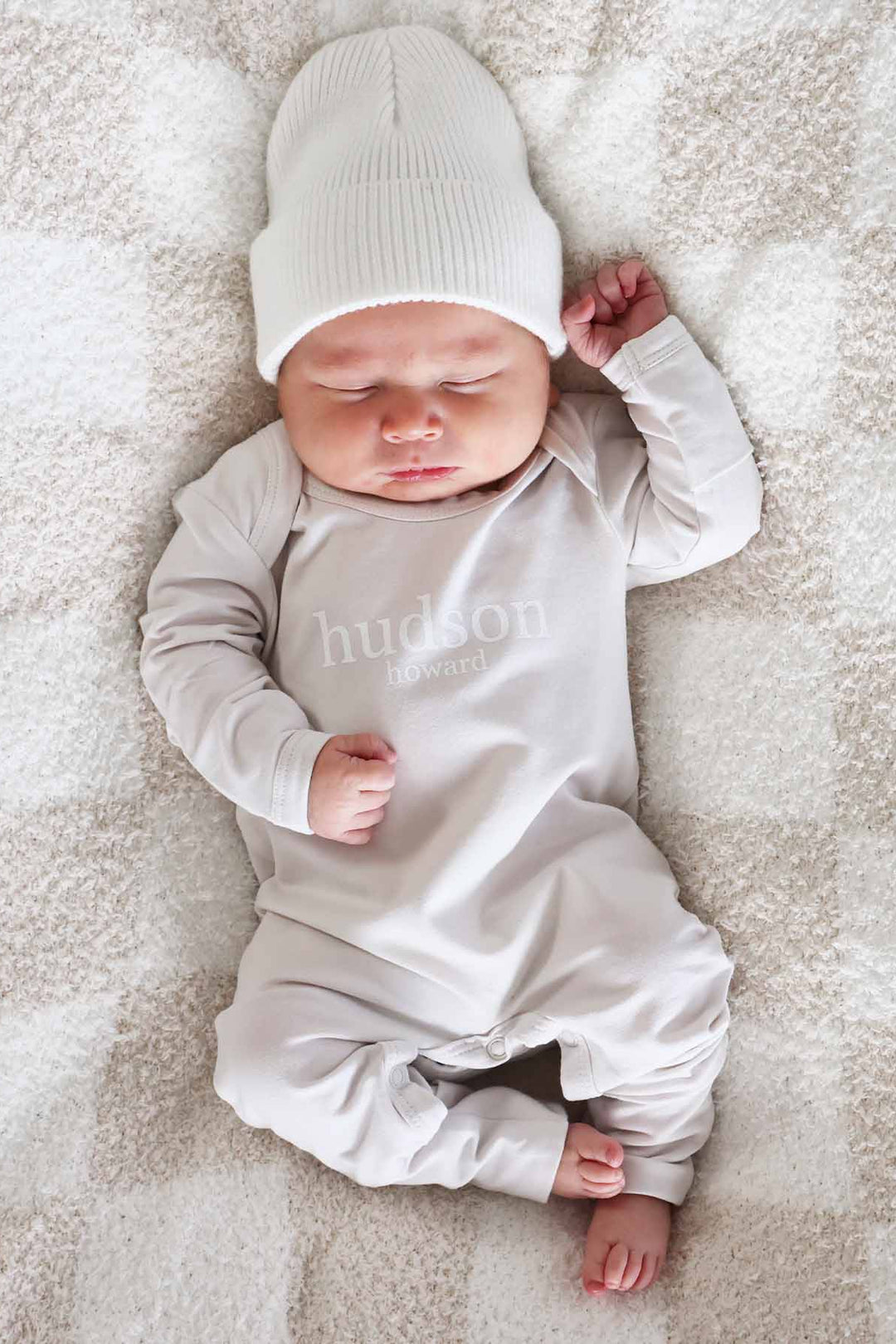 personalized long sleeve full length snap romper taupe 