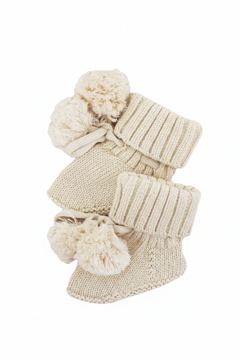 Knit Pom Pom Baby Booties | Sand