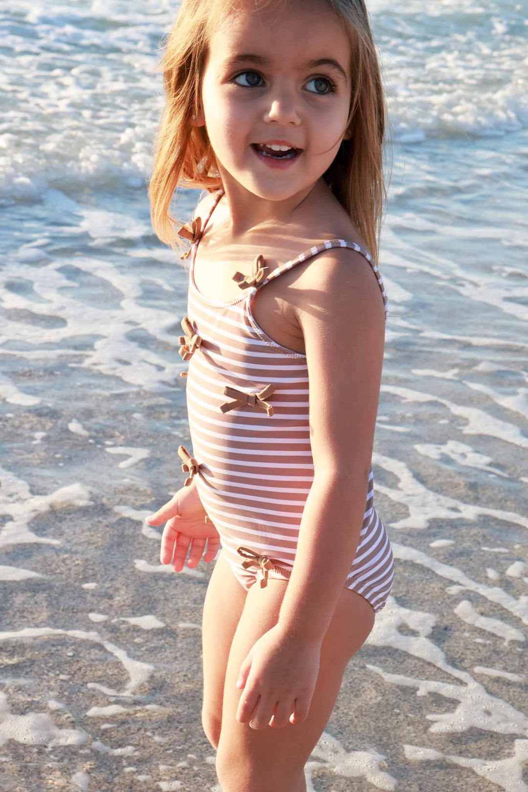 neutral striped bow one piece swimsuit for girls sandy stripes family matching swim