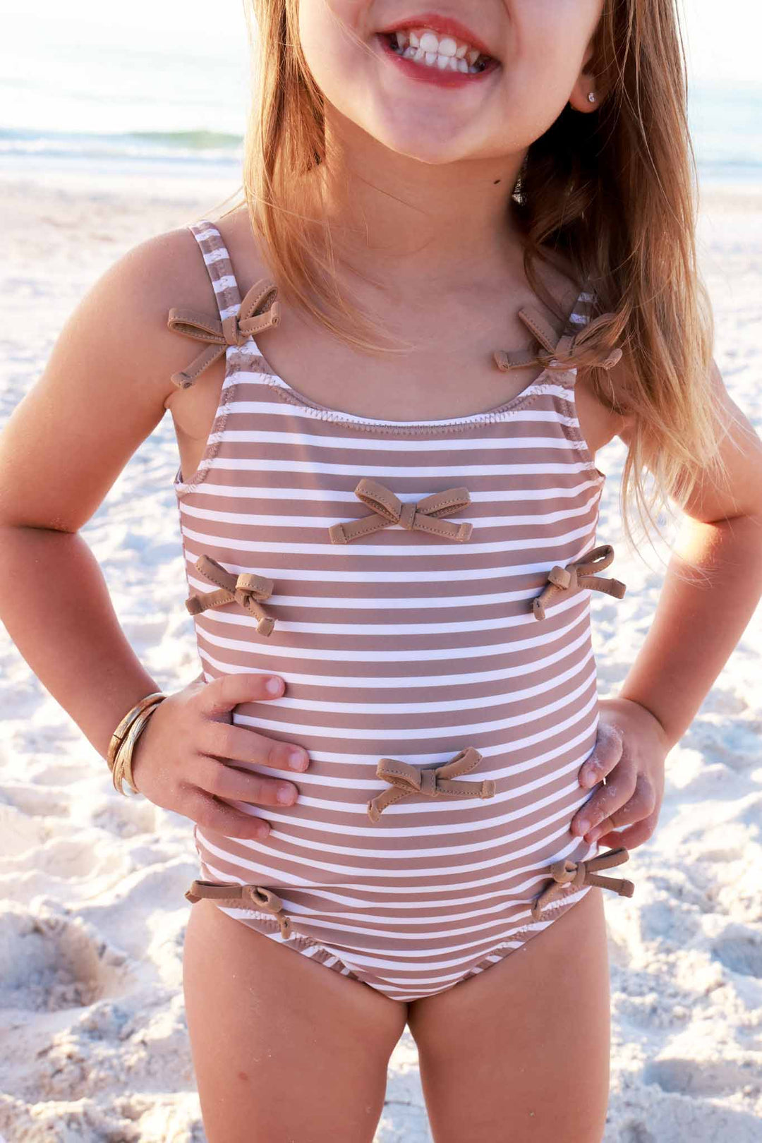 sandy stripes bow spaghetti strap one piece for girls 