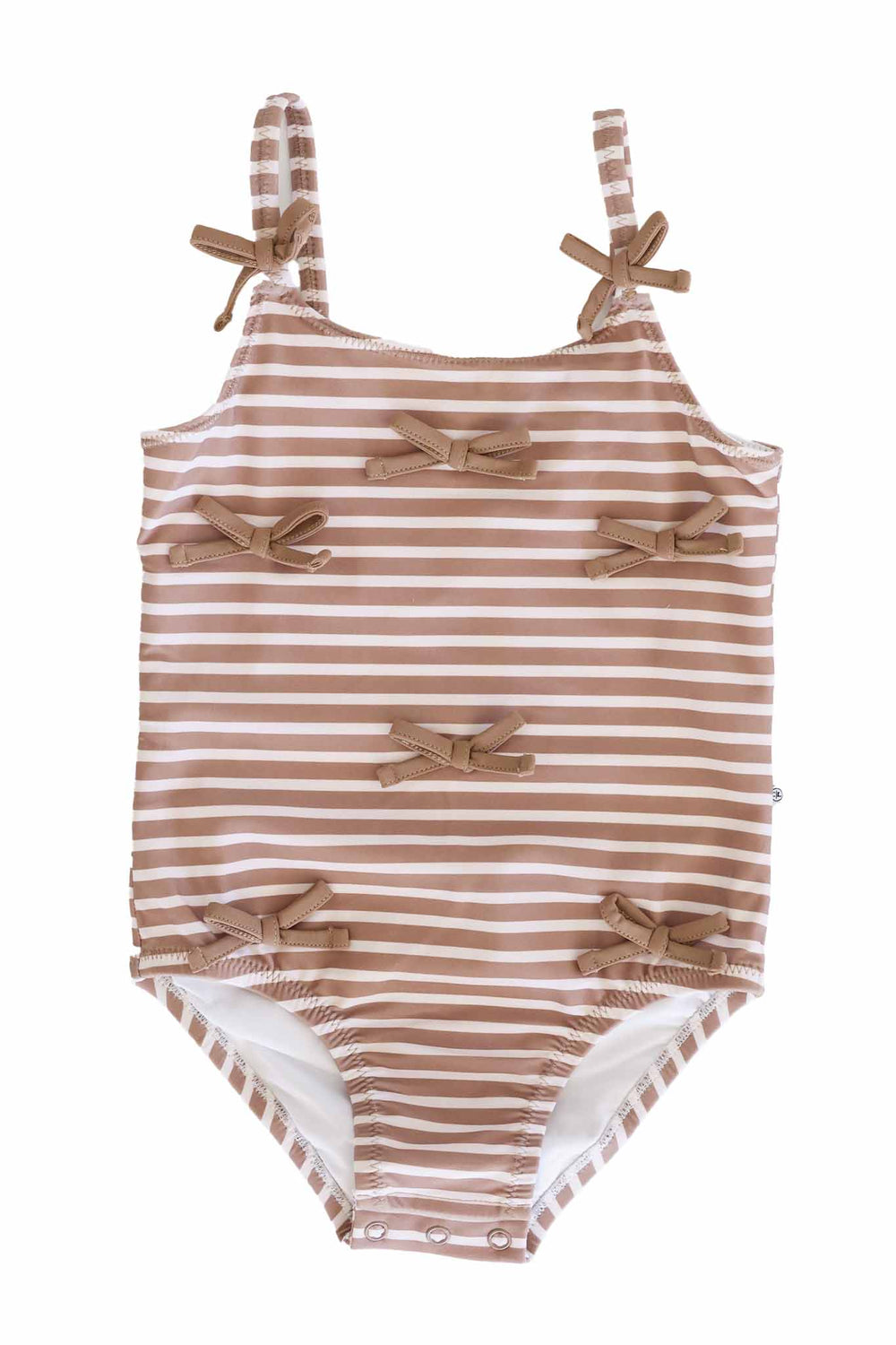 spaghetti strap brown stripe bow swimsuit for girls with snaps on the bottom