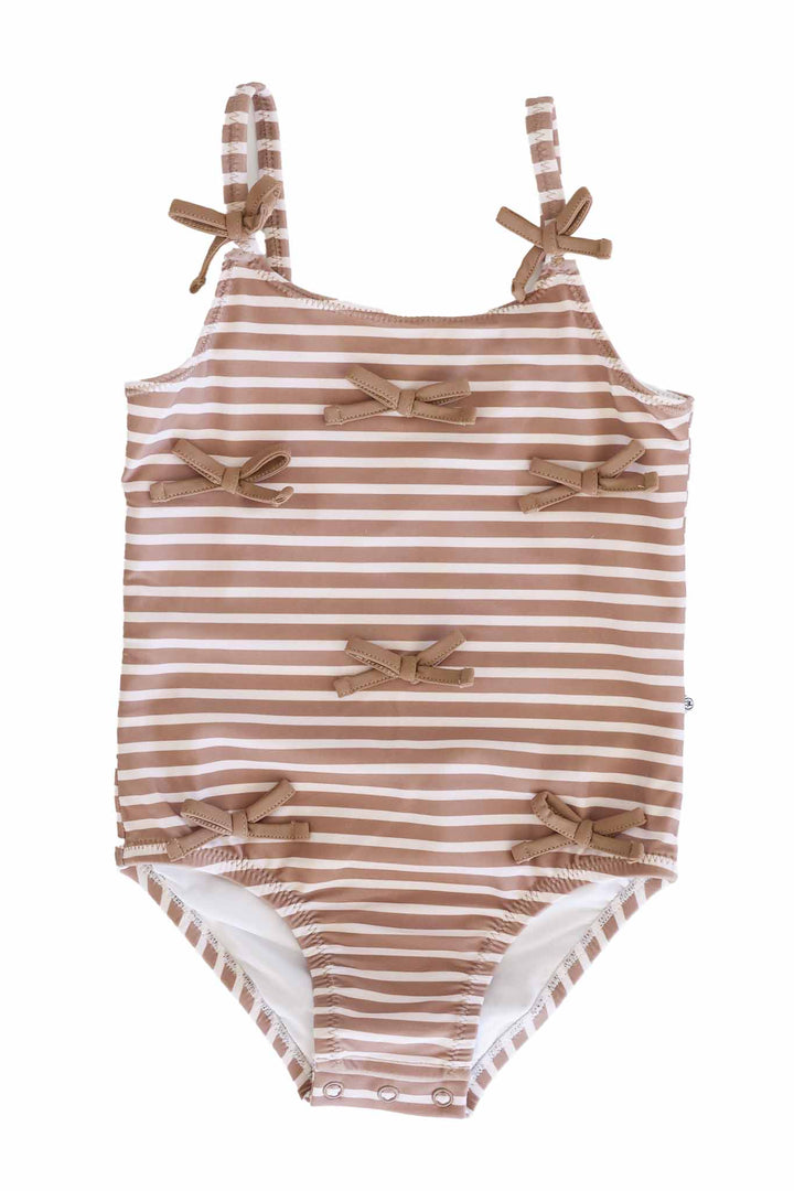 spaghetti strap brown stripe bow swimsuit for girls with snaps on the bottom