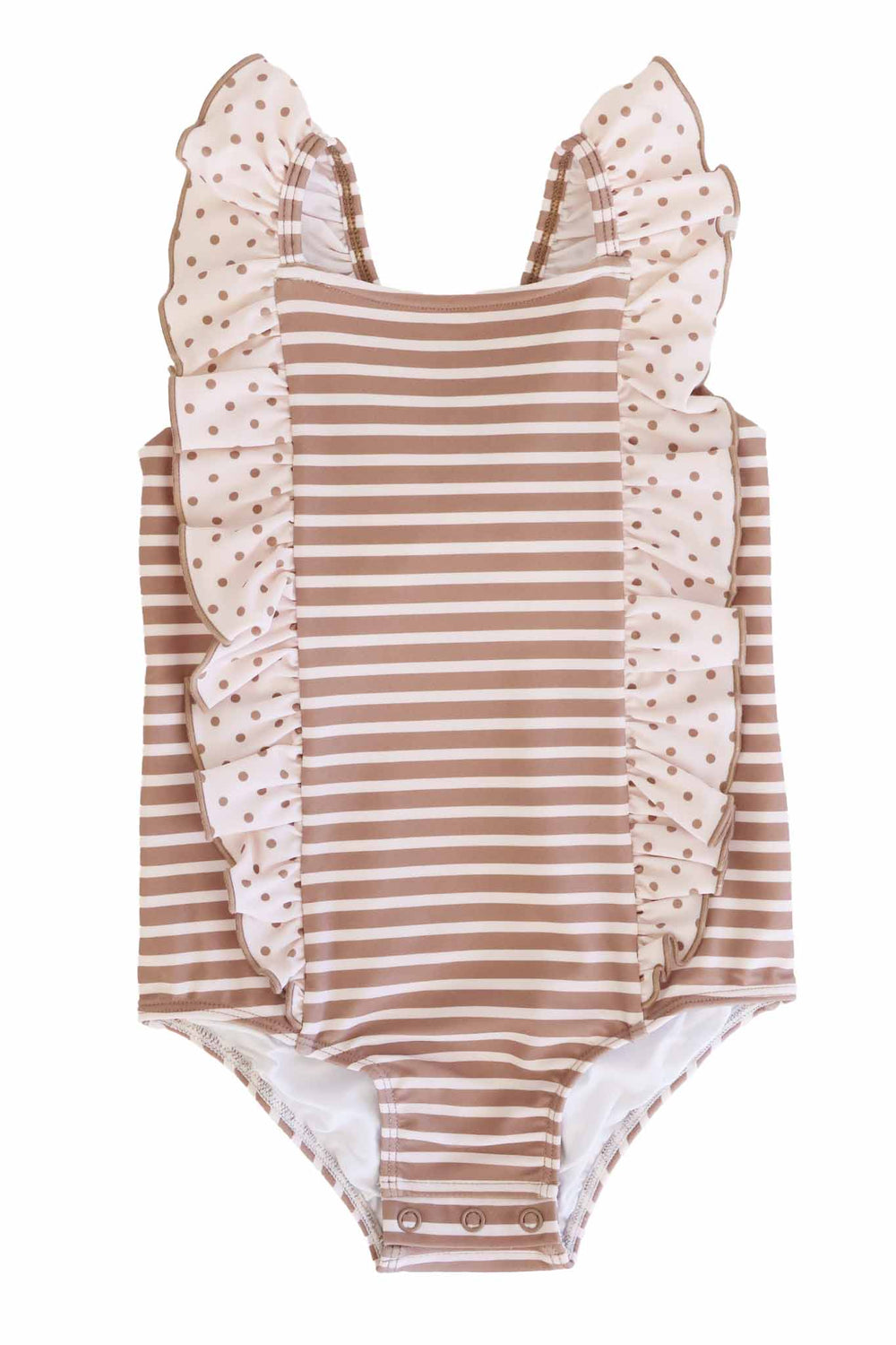 brown and white stripe one piece swimsuit for girls with polka dot ruffles down the shoulders 