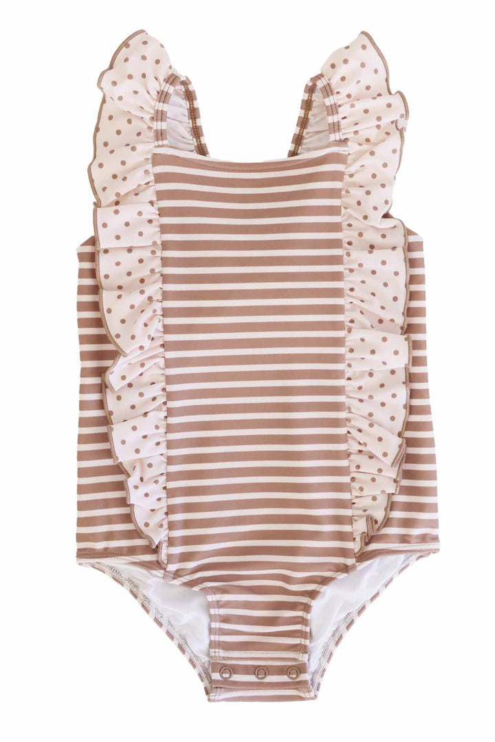 brown and white stripe one piece swimsuit for girls with polka dot ruffles down the shoulders 