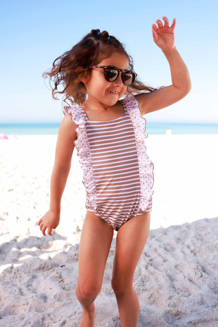 sandy stripes double ruffle one piece swimsuit for girls brown and white 