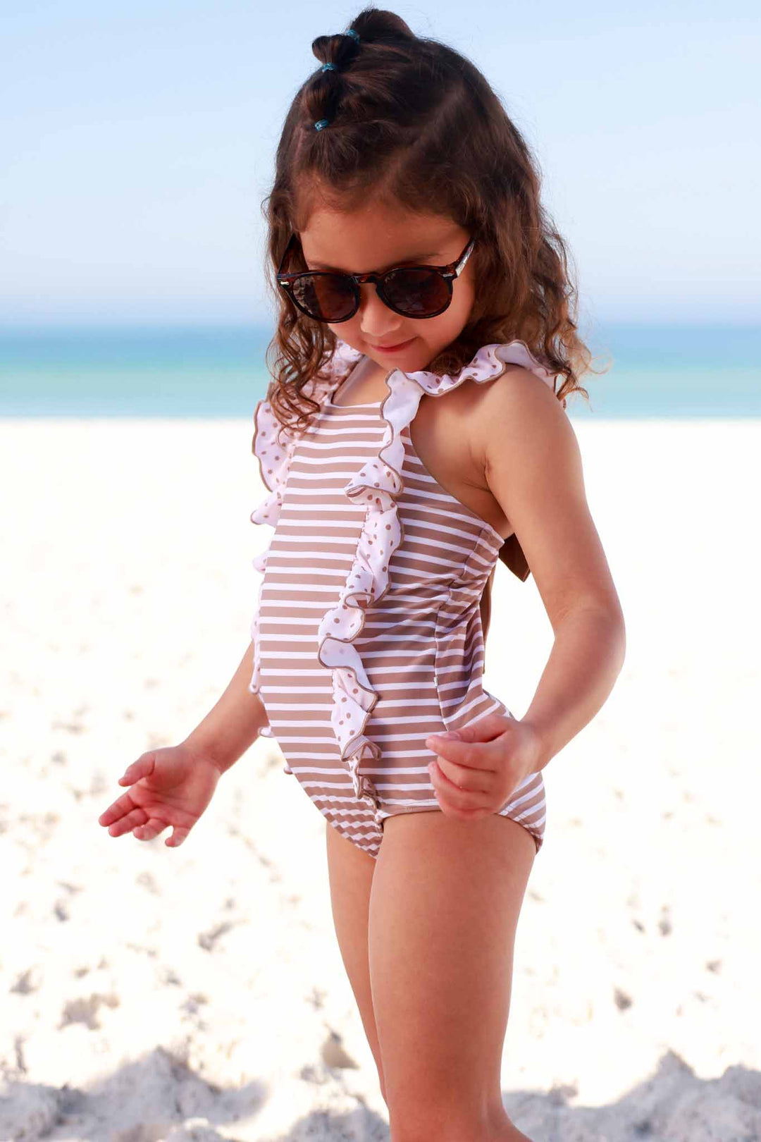 side view of sandy stripes double ruffle one piece swimsuit for girls 