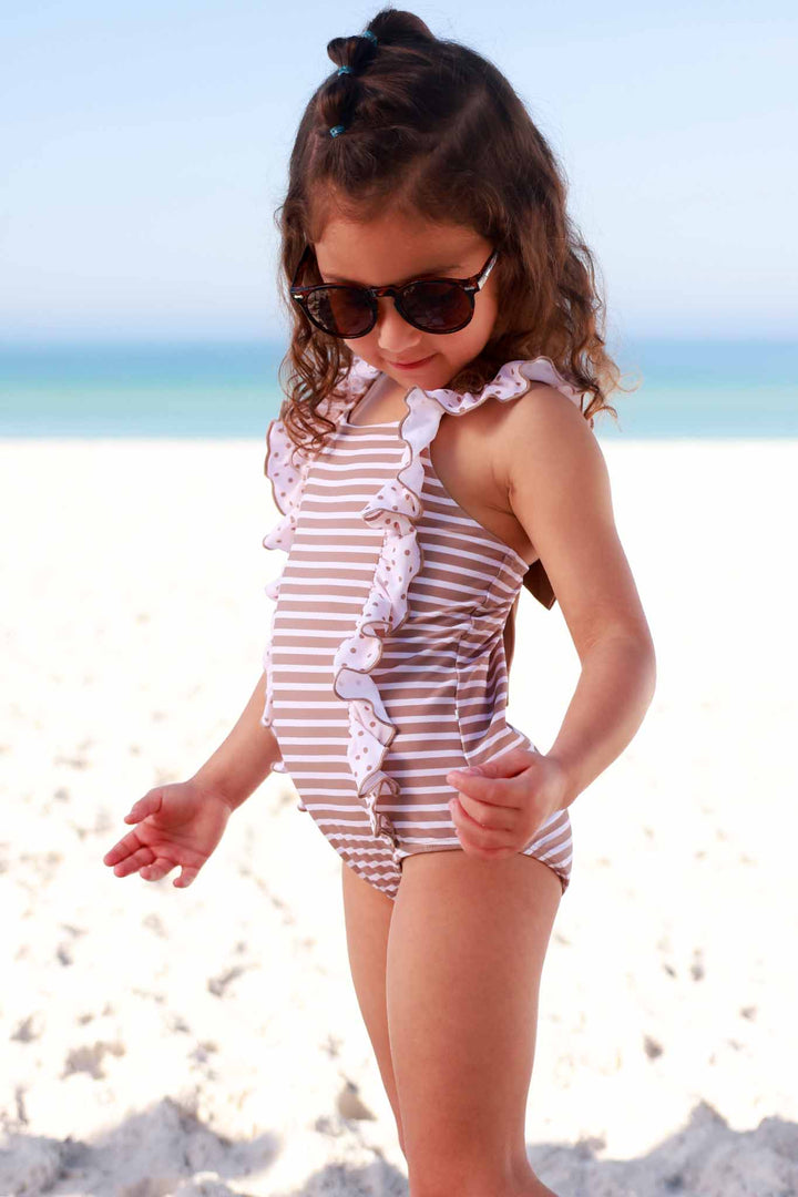side view of sandy stripes double ruffle one piece swimsuit for girls 