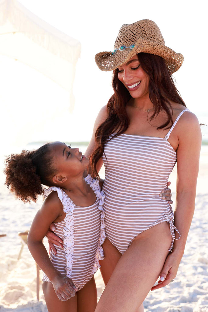 mom and daughter wearing sandy stripes matching swimsuits upf 50+