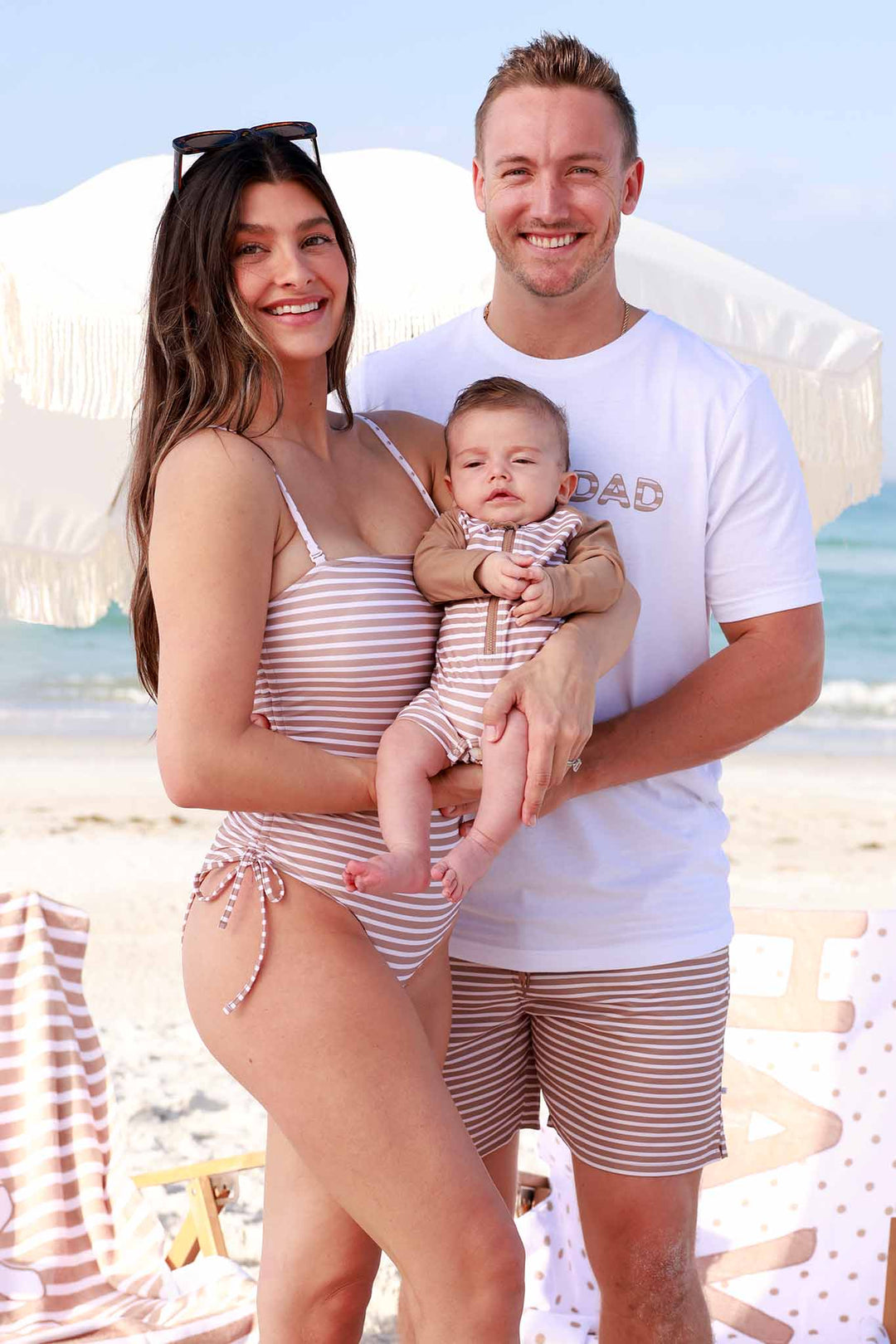 neutral stripe family matching swimsuits for parents, babies, toddlers and kids 
