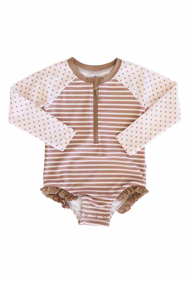 neutral stripe and polka dot long sleeve front zip rash guard for girls
