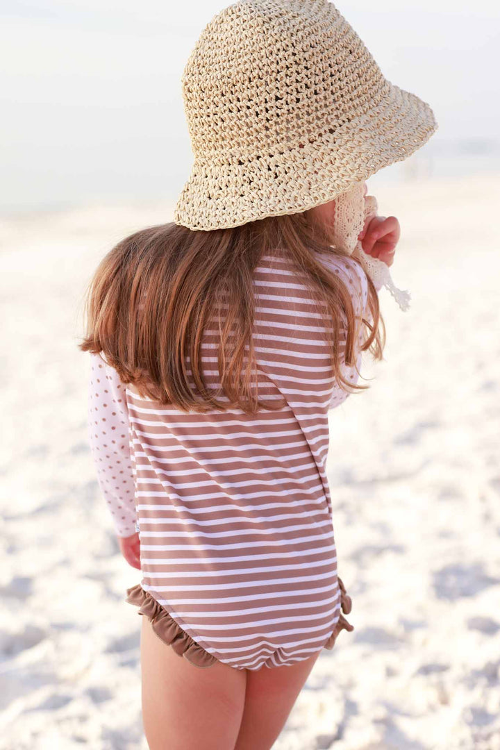 neutral stripe and polka dot girls long sleeve rash guard swimsuit 