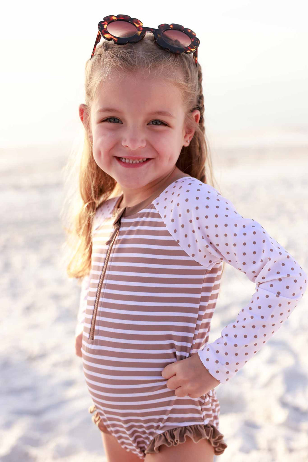 long sleeve rash guard swim romper for girls with polka dot and stripes 