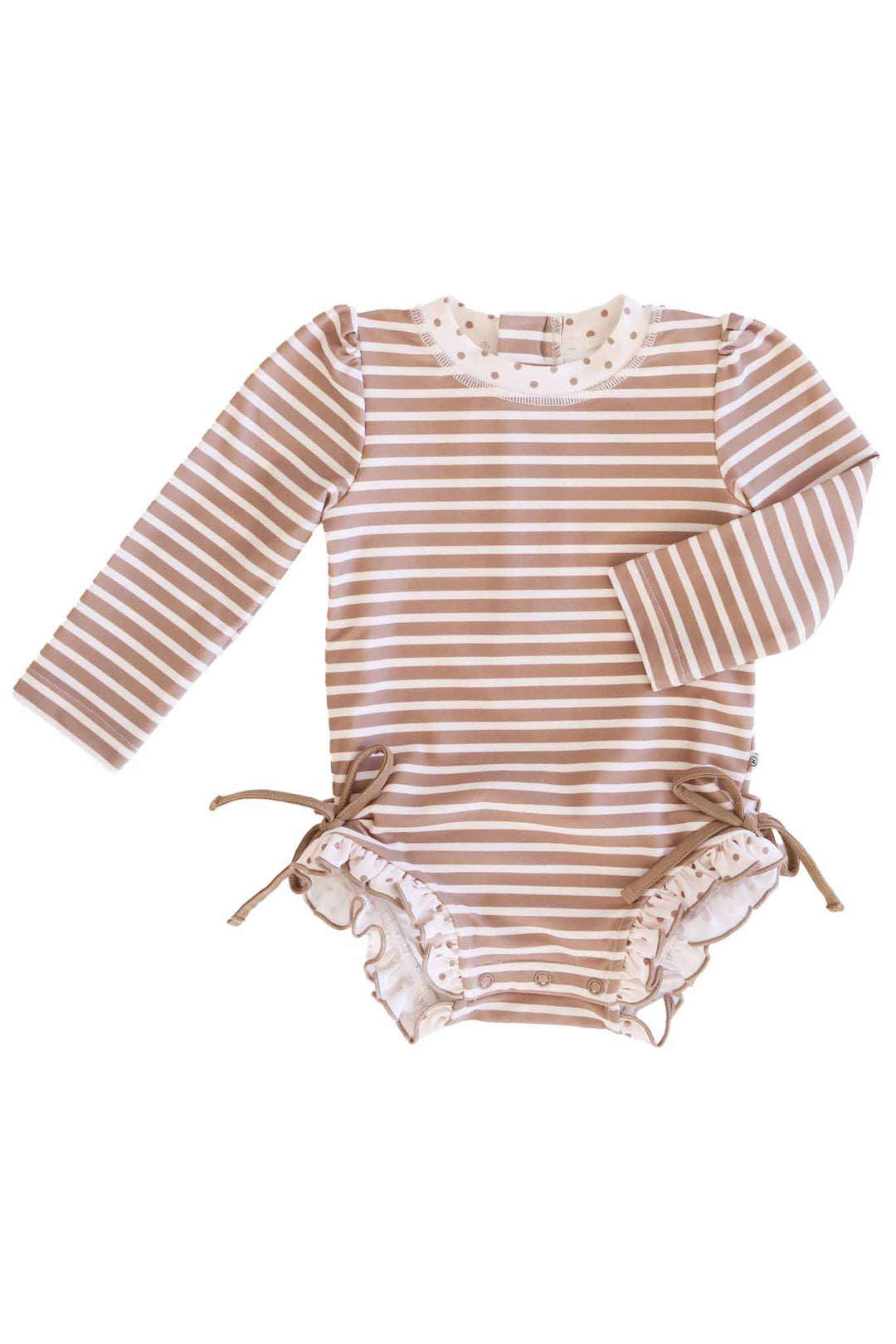 sandy stripes long sleeve ruffle bottom rash guard romper for baby and toddler girls 