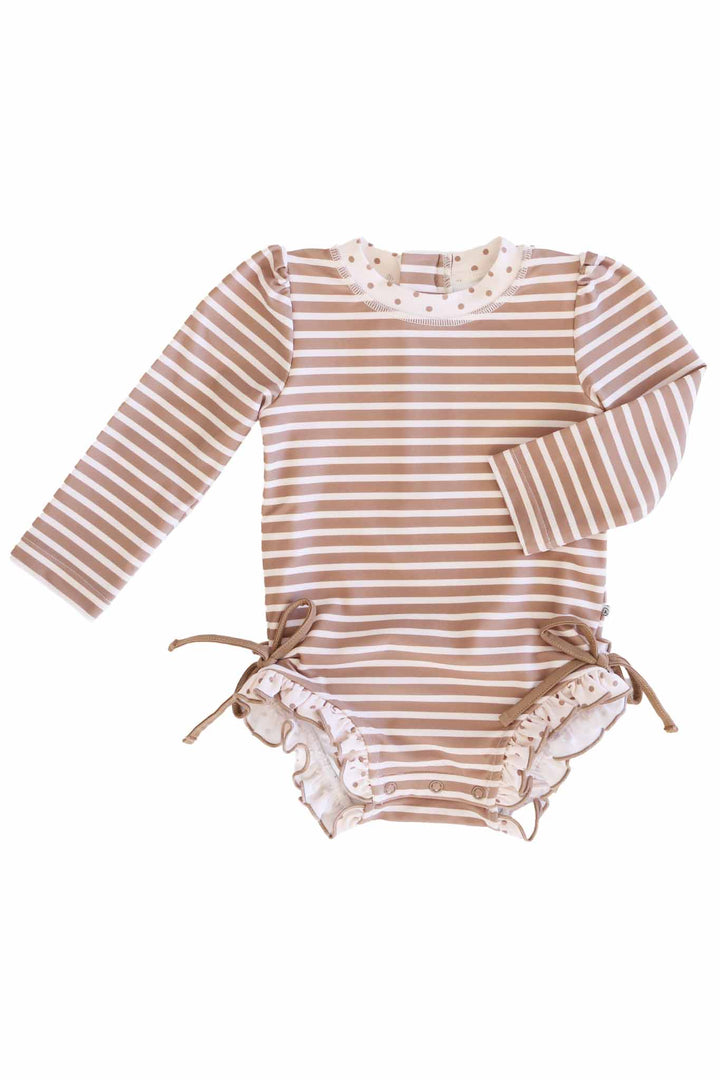 sandy stripes long sleeve ruffle bottom rash guard romper for baby and toddler girls 