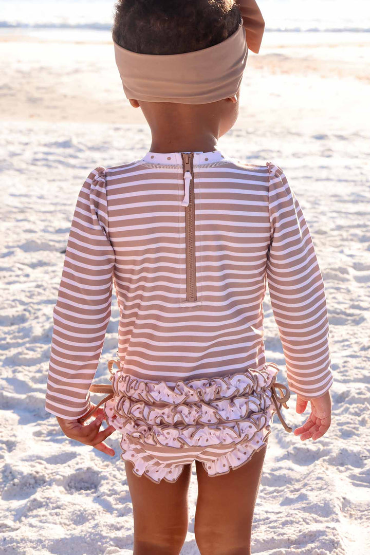 baby swimsuit sandy stripes ruffle bottom rash guard 