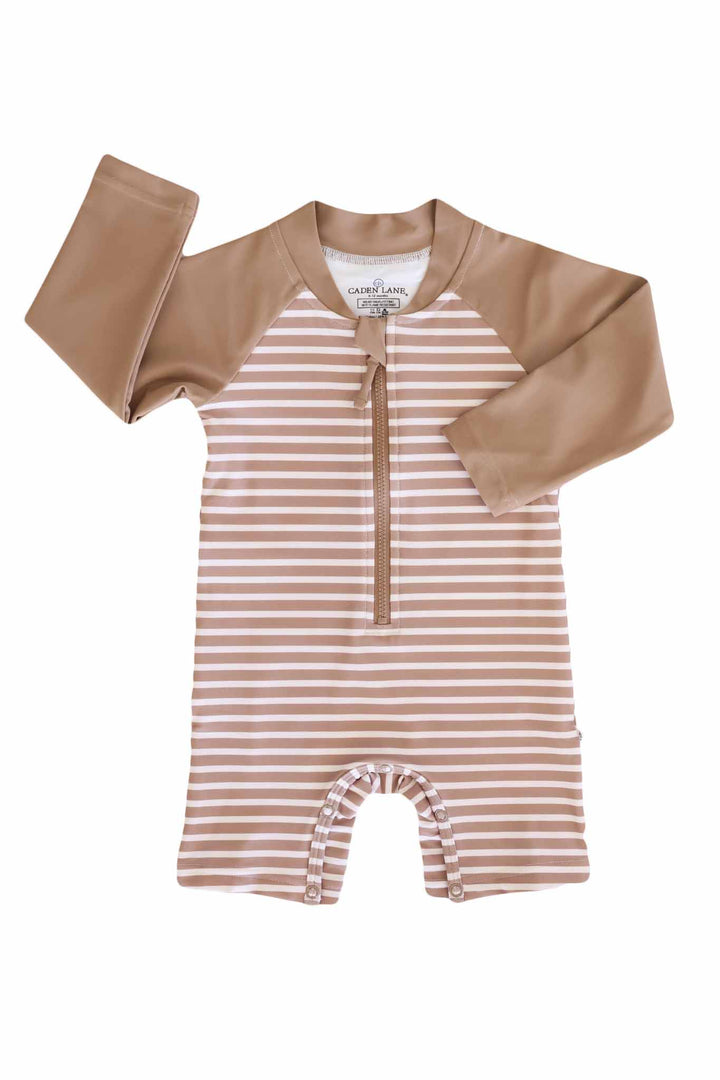 sandy stripes long sleeve short swim romper for baby boys with front zipper 